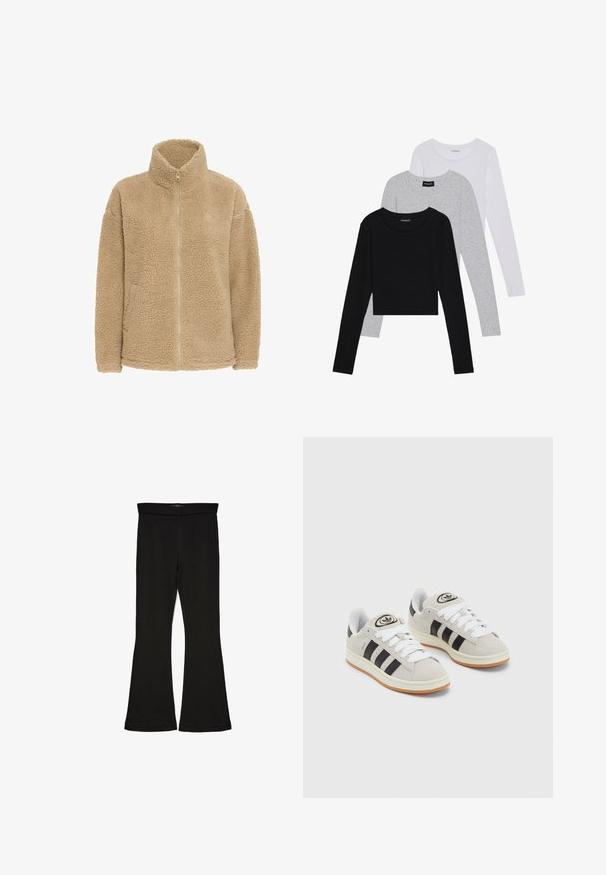 Chaqueta de forro polar beige con cuello alto, cremallera completa y bolsillos laterales. Presenta una superficie suave y texturizada con un corte relajado.; Tres camisetas de manga larga apiladas: negra, gris y blanca. Cada una tiene un escote redondo y un diseño recortado con una tela suave y ligera.; Leggings negros de campana hechos de una tela elástica. Con una cinturilla ancha y una textura suave, presentan una silueta ajustada que se ensancha en el dobladillo.; Zapatillas de ante gris con cordones blancos, rayas negras y suela de goma blanca. Presentan un logo circular en la lengüeta y una suela de goma.
