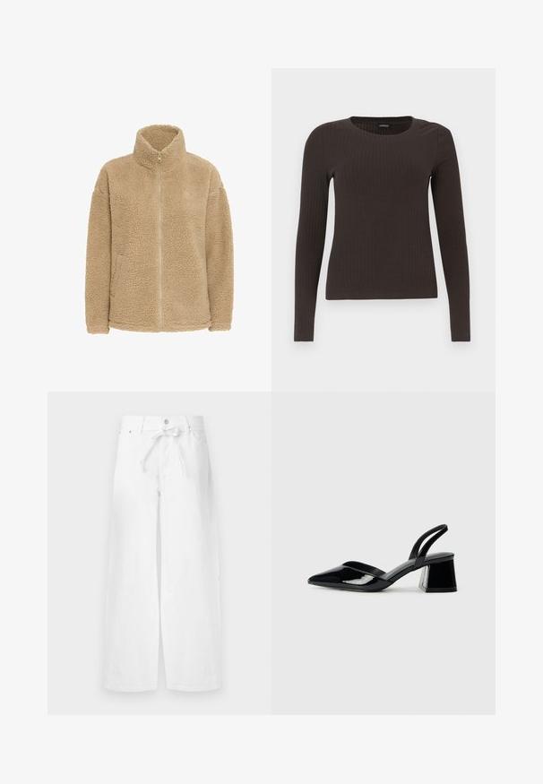 Bežinė vilna striukė su aukštu apykakle, visišku užtrauktuku ir šoninėmis kišenėmis. Pasižymi minkšta, tekstūrine paviršiumi ir laisva siluetu.; Rudas, su ilgomis rankovėmis, grioveliais dekoruotas viršus su apvaliu iškirpimu. Pagamintas iš lygaus, elastingo audinio, su prigludusia siluetu ir minimaliais akcentais.; Balti platūs medvilniniai kelnes su raišteliu juosmens, vienu mygtuku užsegimu ir priekinėmis kišenėmis. Lygus paviršius, be raštų.; Juodos lakuotos odinės šlepetės su smailiu pirštu ir geometriniu bloko kulnu. Turi elegantišką, minimalistinį dizainą ir lygų paviršių.