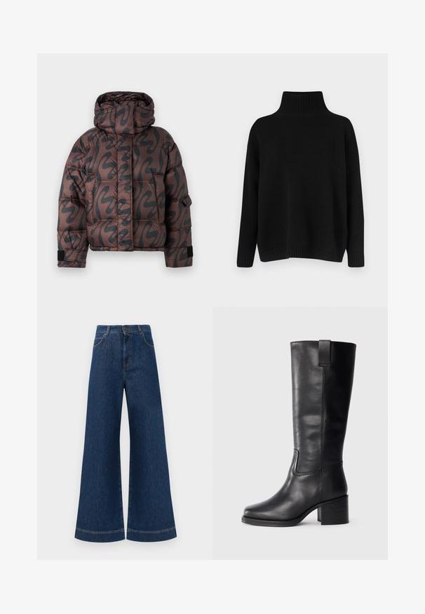 Brązowa kurtka puchowa z czarnym abstrakcyjnym wzorem, z wysokim kołnierzem, pikowanym designem oraz kontrastującymi czarnymi mankietami.; Czarny dziergany sweter z wysokim prążkowanym kołnierzem, opuszczonymi ramionami i luźnym krojem. Posiada prążkowane mankiety i dół dla tekstury.; Szerokie dżinsy w kolorze niebieskim z wysokim stanem, z zapięciem na guzik, szlufkami na pasek oraz subtelnymi detalami stębnowania wzdłuż kieszeni i brzegów.; Czarne skórzane botki do kolan o gładkiej fakturze, kwadratowym nosku, słupku oraz bocznym uchwycie, z minimalistycznymi detalami w postaci szwów.