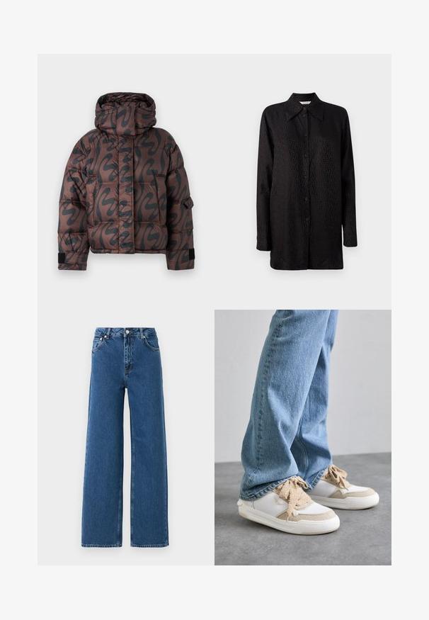 Brązowa kurtka puchowa z czarnym abstrakcyjnym wzorem, z wysokim kołnierzem, pikowanym designem oraz kontrastującymi czarnymi mankietami.; Czarna koszula zapinana na guziki, wykonana z gładkiego materiału, z delikatnym, teksturowanym wzorem, z pointed kołnierzykiem i długimi rękawami.; Niebieskie spodnie dżinsowe o wysokim stanie, szerokie nogawki, z przodu guzikiem i zapięciem na zamek, przednimi kieszeniami oraz paskiem na białym tle.; Białe i beżowe sneakersy z teksturowanymi panelami, z beżowymi sznurowadłami i gumową podeszwą, w połączeniu z jasnoniebieskimi dżinsami.