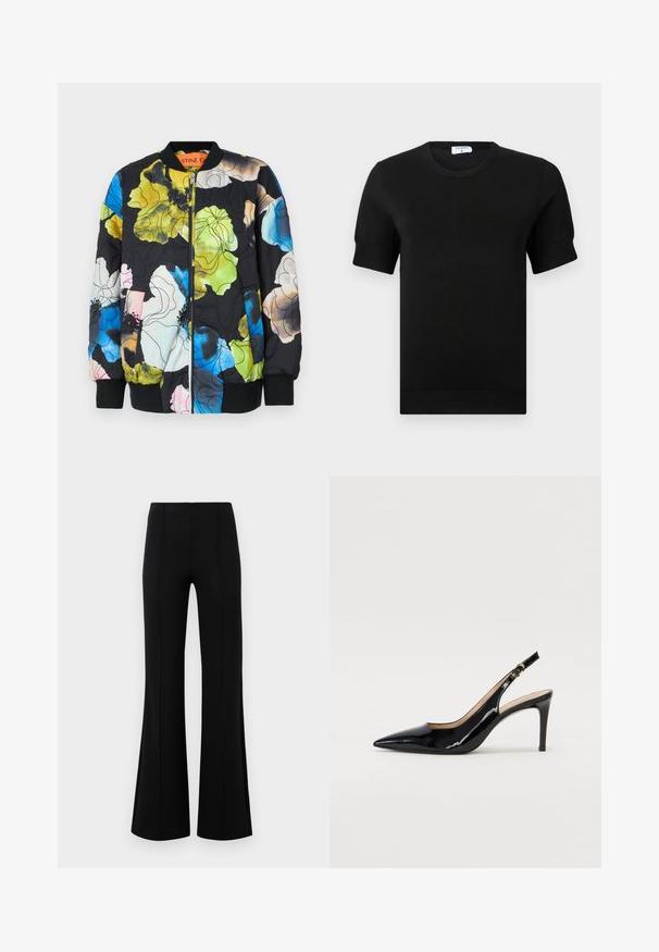 Kvæltad bomberjacka i svart med flerfärgad blommönster. Har dragkedjestängning framtill, ribbade muddar och nederkant, samt en orange inneretikett med varumärkeslogotyp.; Svart kortärmad stickad topp med rund halsringning. Detaljerad med subtila revär vid ärmar och fåll, tillverkad av ett mjukt och slätt tyg.; Svarta vida byxor med hög midja, tillverkade av elastiskt tyg. Har vertikala sömmar framtill och en jämn yta.; Svart patenterat läder slingback pumps med spetsig tå, smal klack och en subtil utskärning. Har en guldbuckle på remmen.