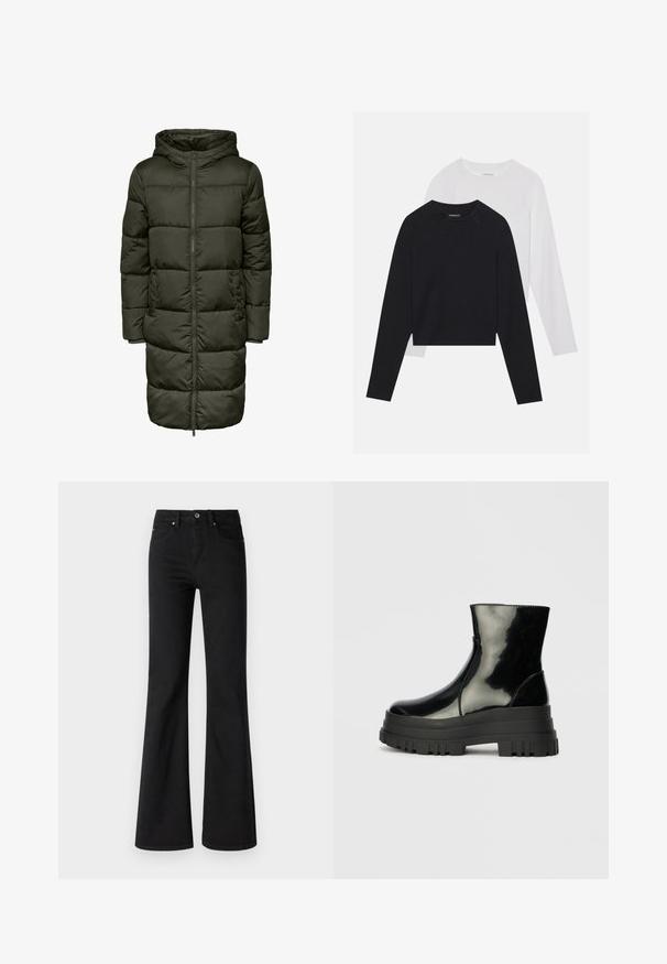 Casaco longo acolchoado em verde escuro, com capuz, fecho de zip e punhos elásticos. Feito de material isolante, proporciona calor e conforto.; Duas camisas de manga longa: uma preta e uma branca. Ambas apresentam um decote redondo, mangas raglan e um tecido macio em mistura de algodão.; Jeans pretos de perna larga feitos de denim com cintura alta, apresentando cinco bolsos, botão frontal e fecho de zíper, textura suave.; Bota de tornozelo preta e brilhante com sola grossa e arredondada, vista lateral sobre fundo cinza claro.