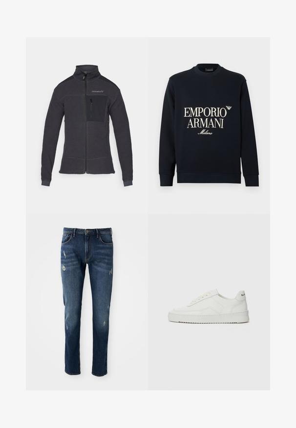 Fleecejakke i mørkegrått med høy krage, frontglidelås og brystlomme i svart stoff. Har strukturert stoff og tilpassede mansjetter.; Marineblå sweatshirt med lange ermer, rund hals og en glatt stofftekstur. Har hvit "EMPORIO ARMANI" og "Milano" logo på forsiden.; Mørkeblå denimjeans med slim fit, lett slitasje på lår og knær, klassisk fem-lomme-design og knappelukking.; Hvite lærersneakers med en jevn overflate, rund tå, flate lisser og en teksturert såle. Har en subtil logo på hælen.
