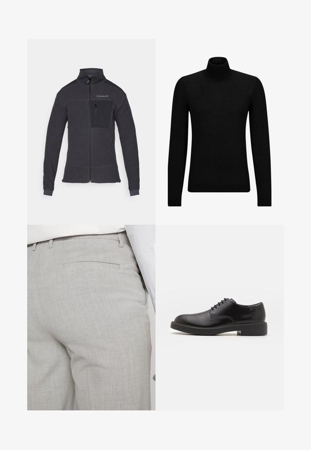 Fleecejack in donkergrijs met een hoge kraag, een rits aan de voorkant en een borstzak van zwarte stof. Heeft een gestructureerde stof en aansluitende manchetten.; Zwarte coltrui van zacht materiaal, met lange mouwen en een snug fit. Geribbelde afwerking aan de onderkant en mouwen. Eenvoudig ontwerp.; Lichtgrijze, op maat gemaakte broek van gestructureerde stof, met een enkele achterzak en nette stiksels.; Zwarte leren veterschoen met een ronde neus, een gladde textuur, minimale stiksels en een lage rubberen hak. Logo op de hak.