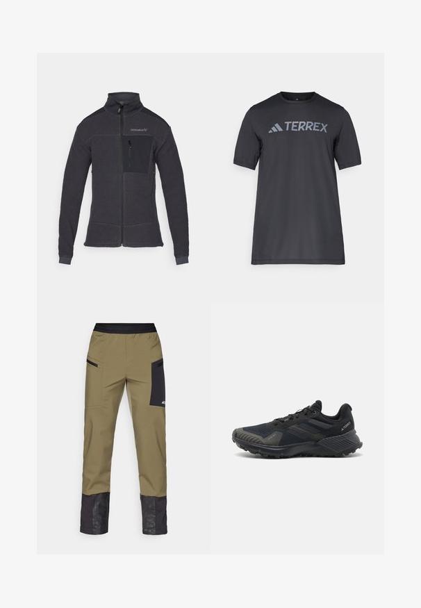 Giacca in pile grigia scura con colletto alto, zip frontale e taschino sul petto in tessuto nero. Presenta un tessuto testurizzato e polsini aderenti.; T-shirt nero a maniche corte realizzato in tessuto leggero, con il logo "TERREX" grigio chiaro sul petto e colletto tondo.; adidas Terrex XPERIOR FAST PANTS - Pantaloni outdoor - olive strata; Scarpe da ginnastica nere con una parte superiore in mesh testurizzato, suola in gomma e notevoli accenti grigi sulla punta e sui fianchi. Design del tallone rinforzato.