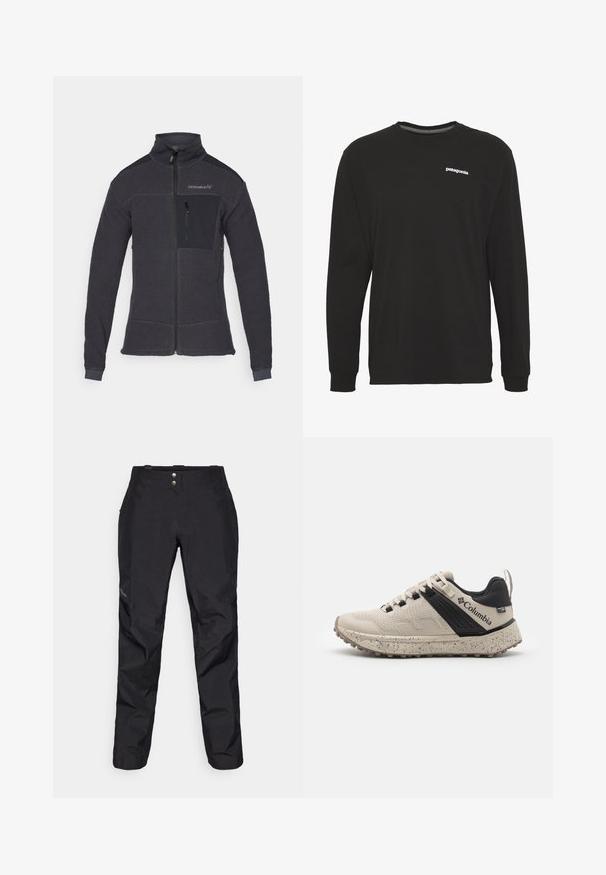 Fleecejacka i mörkgrått med hög krage, framdragkedja och en bröstficka i svart tyg. Har texturerat tyg och åtsittande ärmslut.; Svart långärmad t-shirt i bomull med rund halsringning och en liten vit "patagonia"-logotyp på bröstet. Slät textur.; Svarta vattentäta byxor med en slät yta, som har två framknappar och en tapered ben design. Försedda med en logotyp på sidan.; Columbia sneakers i beige och svart, med en texturerad meshöverdel, en prickig mellansula och en slitstark gummiyttersula för bra grepp.