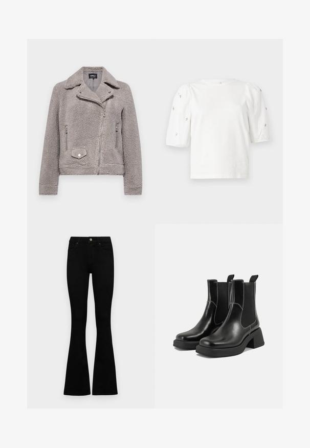 Šedá umělá kožešinová bunda s límcem, zipem vpředu, dvěma bočními kapsami a jednou kapsou na hrudi. Má těsný střih a texturovaný povrch.; Bílý bavlněný tričko s krátkými nabíranými rukávy, zdobené malými stříbrnými detaily podél rukávů. Klasický kulatý výstřih, volný střih.; Černé vysoké džíny s knoflíkem a zipovým zapínáním, předními kapsami a rozšířenými nohavicemi, ležící na bílé podložce.; Černé kožené chelsea boty s masivním podpatkem, elastickými bočními panely a kontrastním bílým prošitím. Texturovaný povrch.