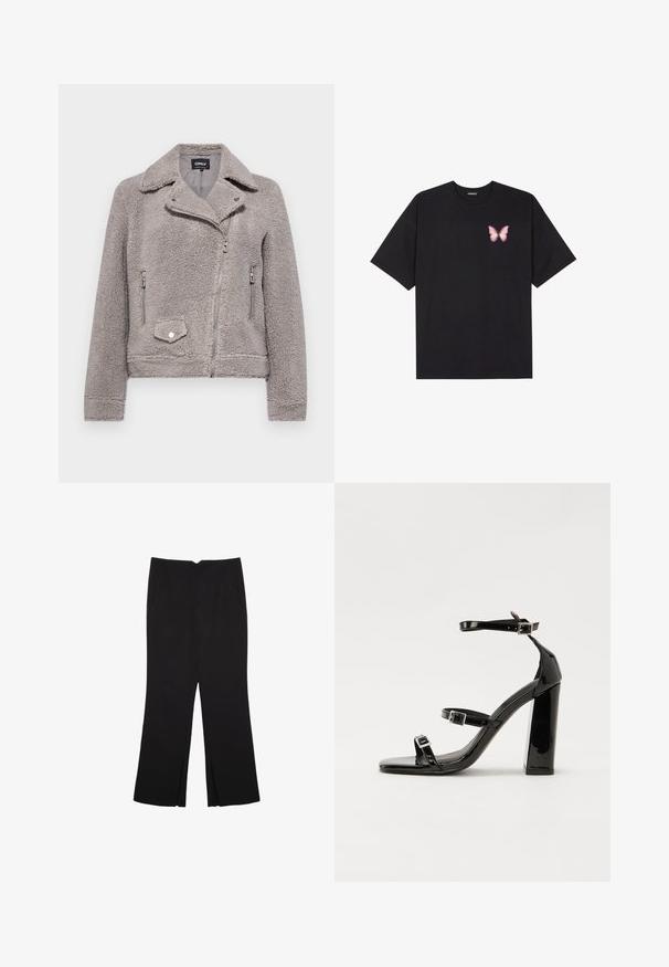 Grå faux fur jakke med krave, lynlås foran, to sidelommer og en brystlomme. Har en tætsiddende pasform og struktureret overflade.; Sort bomulds T-shirt med korte ærmer, prydet med en lille pink sommerfugl grafik på venstre bryst. Rund hals design med en afslappet pasform.; Sorte bukser med lige pasform, der har frontlommer og slidser i kanten. Lavet af blødt, glat stof. Velegnet til forskellige anledninger.; Sorte patenterede hælsandaler med firkantet tå, ankelremme og sølvspænder. Har en chunky blokHæl for stabilitet.