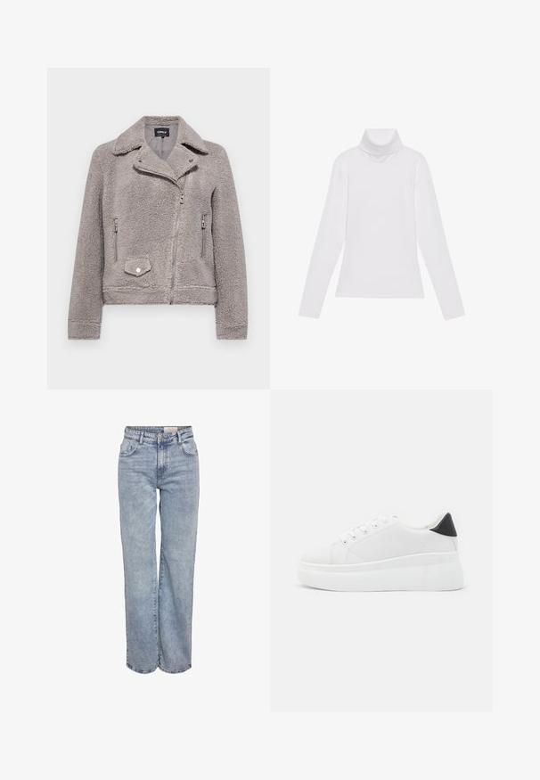 Grå kunstpelsjakke med krage, glidelås foran, to sidelommer og en brustlomme. Har en tett passform og strukturert overflate.; Hvit langermet høyhalset topp laget av glatt, elastisk stoff. Har høy krage og tettsittende design, uten synlige mønstre eller dekorasjoner.; Lys blå vide jeans laget av denim, med høy midje, fem-lommers design og subtile falminger for et slitt utseende.; Hvite plattform sneakers laget av glatt syntetisk materiale, med rund tå, snøring og en strukturert gummisåle. Svart hæl akcent.