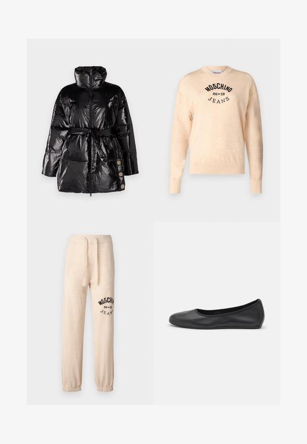 Musta puhvijakku, jossa on kiiltävä pinta, korkea kaulus, vetoketjukiinnitys ja vyö. Vasemmalla puolella on kolme koristeellista nappia.; Vaaleanbeige neulepaita, joka on valmistettu pehmeästä kudoksesta. Siinä on pyöreä kaula-aukko, pitkät hihat ja musta brodeerattu logo, jossa on teksti "Moschino Jeans."; Beiget rentoutuneen istuvuuden collegehousut, valmistettu pehmeästä kankaasta, jossa on joustava vyötärönyöri ja musta logo/kuvio vasemmassa lahkeessa.; Musta nahkainen ballerina, jossa on pyöristetty kärki, sileä pinta, minimaalinen ommelkoristelu ja joustava pohjamuotoilu.