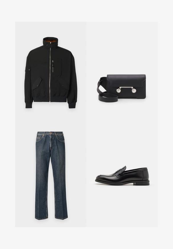 Kerge kanga eest must jope, millel on kõrge krae, tõmblukuga esi, rinna tasku ja kaks esist flap-taskut, millel on kinnituskohad.; Kreemivärvi kudumiga sviiter polo krae, sooniküttega varrukate ja äärega, ees klappi ja pehme tekstuuriga.; Tumedast sinised sirged teksapüksid, millel on ees nupp, tõmblukk, kaks eesmist taskut ja nähtavad vertikaalsed kortsud pükste jalgu pidi.; Mustad mustad nahast loafers sileda tekstuuriga, ümarat ninaosa ja dekoratiivne riba vampi üle. Madal kihiline konts, minimalistlik disain.; Must со хsaid crossover kottiga black nahka, mis on varustatud klapiga sulgemisega, hõbedased detailid ja kaks ümmargust aksessuaar. Omab eemaldatavat rihma. Sile tekstuur.