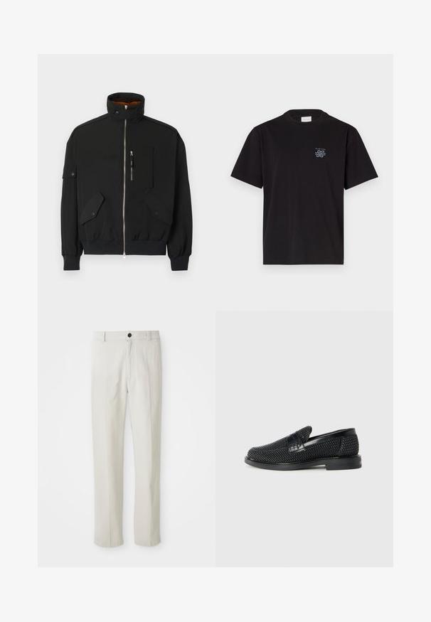 Schwarzejacke aus leichtem Material mit hohem Kragen, Reißverschluss vorne, Brusttasche und zwei vorderen Klapptaschen mit Druckknopfverschluss.; Schwarzes Baumwoll-T-Shirt mit Rundhalsausschnitt und kurzen Ärmeln. Mit einem kleinen blauen Logo auf der linken Brust. Einfaches, gerade geschnittenes Design.; Beige gerade geschnittene Hose mit Gürtelschlaufen, vorderem Knopf und Reißverschluss, flach auf einem weißen Hintergrund präsentiert.; Schwarzer geflochtener Slipper mit einem glatten Lederakzent im Obermaterial, einem runden Zehendesign und einer flachen Gummisohle.