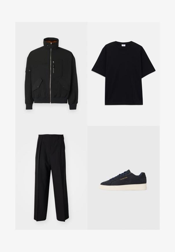 Melnā jaka no viegla auduma, ar augstu apkakli, rāvējslēdzēja priekšpusi, krūšu kabatu un divām priekšējām kabatām ar atloka uzlīmi.; Melns īsām piedurknēm oversize T-krekls ar apaļu kakla izgriezumu un redzamu Filippa K zīmola birku iekškaklā.; Melnas plisētās bikses ar taisnu, plata kāja dizainu. Izgatavotas no gludas auduma, ar pogu aizdari un jostas cilpiņām.; Navy zila zamšas zema augstuma kedas ar baltu zoli, navy krāsas auklām un "Filling Pieces" logo zeltā sānos.