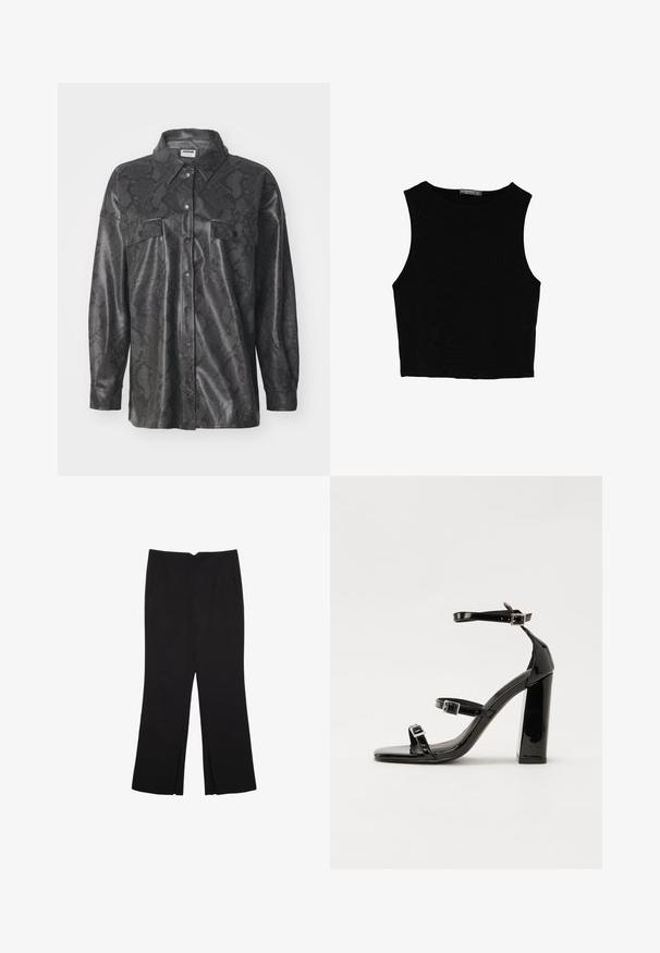 Černá syntetická košilová bunda se vzorem hadí kůže, zapínání na knoflíky, dvě náprsní kapsy a límcem. Hladký texturovaný povrch.; Černý bezsleeve crop top vyrobený z hladké tkaniny, s kulatým výstřihem a čistým, jednoduchým designem bez vzorů nebo kovových doplňků.; Černé kalhoty s rovným střihem, s předními kapsami a bočními rozparky na lemu. Vyrobené z jemné, hladké tkaniny. Vhodné na různé příležitosti.; Černé lakované sandály na podpatku se čtveratou špičkou, lýtkovými pásky a stříbrnými přezkami. Disponují masivním blokovým podpatkem pro stabilitu.