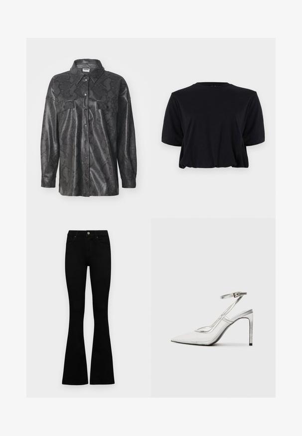 Fekete szintetikus ingdzseki kígyóbőr mintával, gombos elülső résszel, két mellzsebbel és galléros nyakkal. Simára textúrázott felület.; Fekete, rövid ujjú, pamut cropped t-shirt kerek nyakkivágással, tiszta, varrás nélküli dizájnnal és puha textúrával.; Fekete, magas derekú farmernadrág gomb- és cipzárzárral, elülső zsebekkel és harangszárral, laposan egy fehér háttérre terítve.; Áttetsző anyagú, hegyes orrú, tiszta stiletto sarokcipő, fémes ezüst díszítéssel és állítható bokahevederrel.