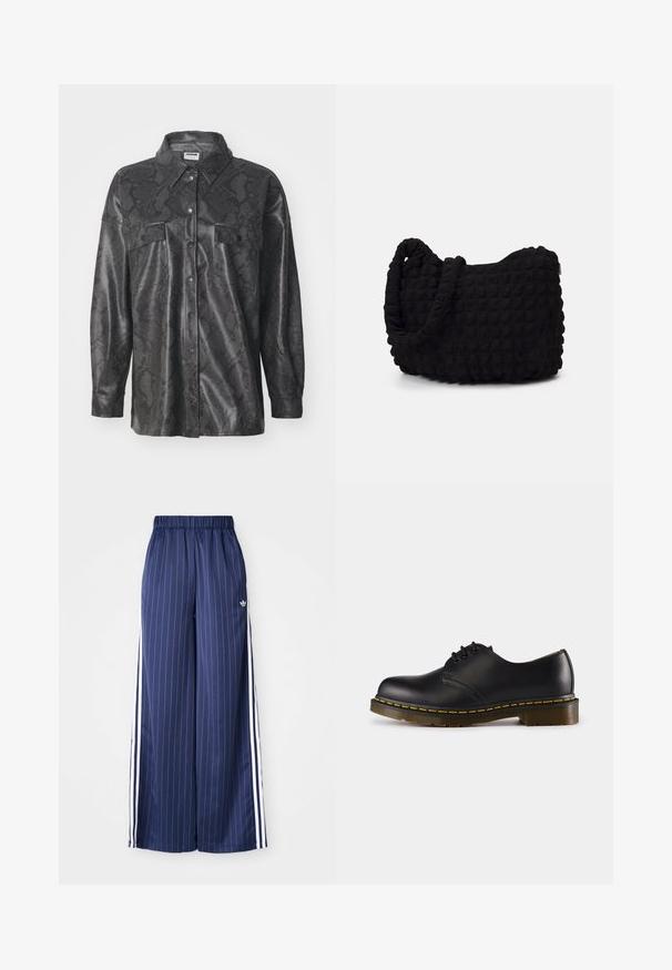 Zwarte synthetische shirtjas met slangenhuidpatroon, knoopsluiting aan de voorkant, twee borstzakken en een kraag. Glad textuurafwerking.; Drie tanktops in mintgroen, zwart en beige; gemaakt van ribbelstof met een ronde halslijn en zonder mouwen. Merkenlabel zichtbaar.; Navyblauwe wijde broek met verticale witte strepen, elastische tailleband en drie witte strepen aan elke kant, gemaakt van een lichtgewicht materiaal.; Zwarte leren schoen met een ronde neus, vetersluiting, gele stiksels langs de zool en een stevige, geprofileerde rubberen buitenzool.; Zwarte stoffen tas met een gestructureerd, gewatteerd patroon. Rondvormig, korte, dikke handvatten en een zachte, flexibele structuur.