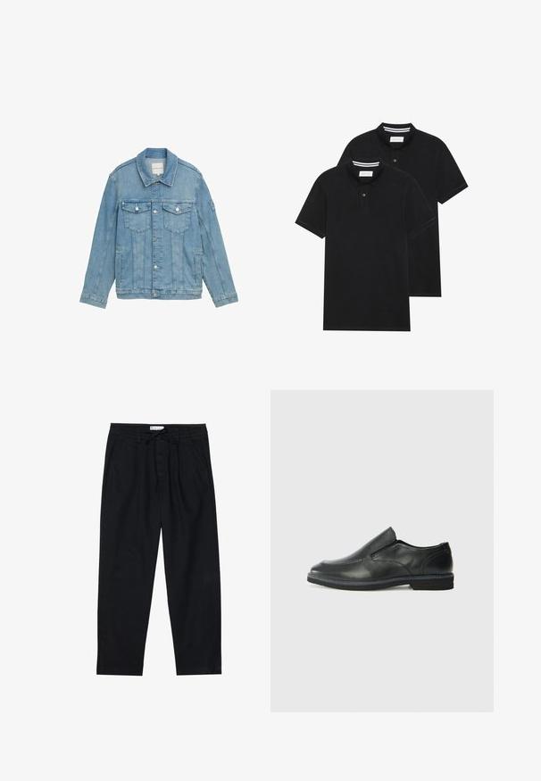 Ljusblå denimjacka med klassisk krage, knappstängning fram, två bröstfickor och sydda detaljer. Lång ärm med knappmanschetter.; Två svarta polo t-shirts, kortärmade, i bomullsmaterial, med en klassisk krage, tvåknappsslutning och vita randiga accenter inuti kragen.; Pier One Chinos - black; Svart lädersko i slip-on-modell med en slät ovandel, sömnadsdetaljer, rund tå och låg gummihäl. Sulan har minimal mönstring.