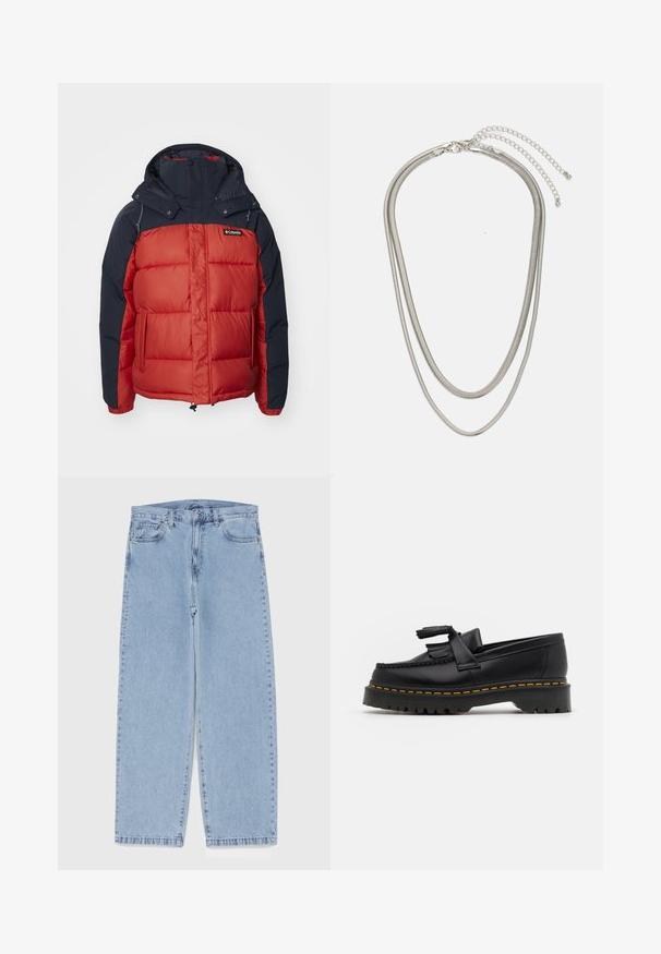 Red and navy insulated puffer jacket with a hood, featuring a rectangular quilting pattern and zippered pockets. Logo on the upper left.; Five long-sleeve T-shirts in a row: turquoise, black, white, dark gray, and navy blue. Soft fabric with crew neck design and standard fit.; Light blue denim jeans with straight leg design, featuring a mid-rise waist, five pockets, and a button and zipper closure.; Black leather loafer with a tasseled accent, featuring a chunky black sole and yellow stitching along the edge. Textured finish.; Three-layered silver metal necklace featuring sleek, flexible chains with a slight sheen, secured with a lobster clasp and adjustable chain.