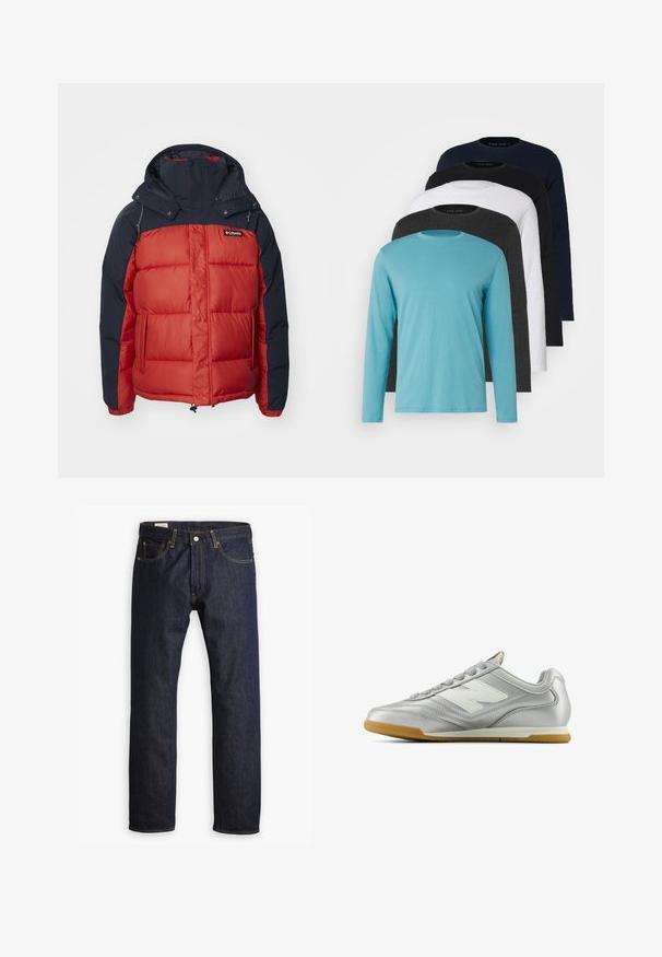 Piros és sötétkék szigetelt puffermikulás kabát, kapucnival, téglalap alakú steppelési mintával és cipzáras zsebekkel. Logó a bal felső részen.; Öt hosszú ujjú póló egymás mellett: türkiz, fekete, fehér, sötétszürke és tengerészkék. Puha anyag, kerek nyakkivágású kialakítás és standard fit.; Sötét kék farmernadrág, egyenes szárú dizájnnal, narancssárga varrással és öt zsebes stílussal, fém gombos záródással.; Ezüst sportcipő sima, fényes felülettel, fehér logóval az oldalon, texturált szürke fűzőkkel és rágógumi talppal.