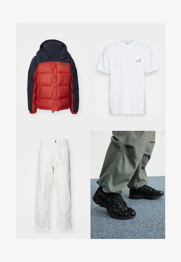 Sarkans un jūras zils izolēts pūkains mētelis ar kapuci, ar taisnstūrveida pāršūšanas rakstu un ar rāvējslēdzēju aizveramām kabatām. Logo augšējā kreisajā stūrī.; Balts kokvilnas T-krekls ar īsām piedurknēm. Izstrādāts ar mazu oranžu un bordo logo kreisajā krūtī. Iespējojusi klasisku apkaklīti.; Baltas kokvilnas kargo bikses ar brīvu piegriezumu. Iezīmes ietver priekšējās kabatas, zeltītas detaļas un pastiprinātas ceļa daļas.; Melni sporta apavi ar spīdīgu un sieta tekstūru, ar biezu zoli un auklām, kombinēti ar brīvām olīvzaļām kravas biksēm.