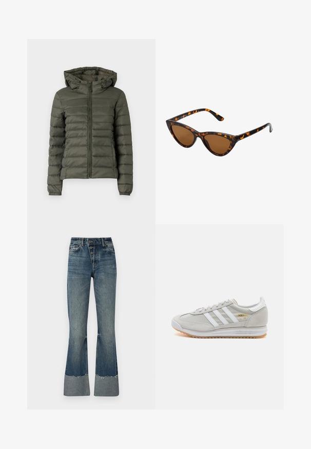 Doudoune vert olive avec fermeture éclair à l'avant, capuche et poignets élastiques. Le tissu présente des sections matelassées horizontales pour l'isolation.; Haut à capuche teal avec cordon de serrage, manches longues et poignets côtelés. Fabriqué en tissu doux avec une coupe décontractée.; Jean flare en denim bleu moyen avec taille haute, cinq boutons et ourlet effiloché. Présente un poignet plus clair en bas et une texture décolorée.; Basket en cuir suédé et mesh gris clair, avec trois bandes blanches, bout rond et semelle en caoutchouc naturel. Accent logo doré près des lacets.; Lunettes de soleil style œil de chat avec une monture en écaille de tortue noire et orange, verres marron et pointes effilées et élégantes. Présente un logo minimaliste sur la branche.; Boucles d'oreilles en argent en forme de créoles avec un design torsadé, dotées d'une finition polie et d'une fermeture à poussoir. Mesurent environ 3 cm de diamètre.