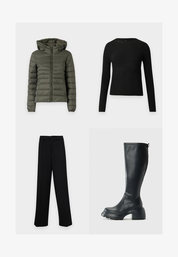 Olive green puffer jacket with a zip front, a hood, and elastic cuffs. The fabric features horizontal quilted sections for insulation.; Black ribbed long-sleeve fitted sweater with a round neckline, displayed against a plain light background.; Black wide-leg trousers made of smooth fabric, featuring a classic waistband with a button closure and front pleats.; Tall black leather boot with chunky platform sole and block heel, featuring pull tab and textured tread on outsole.