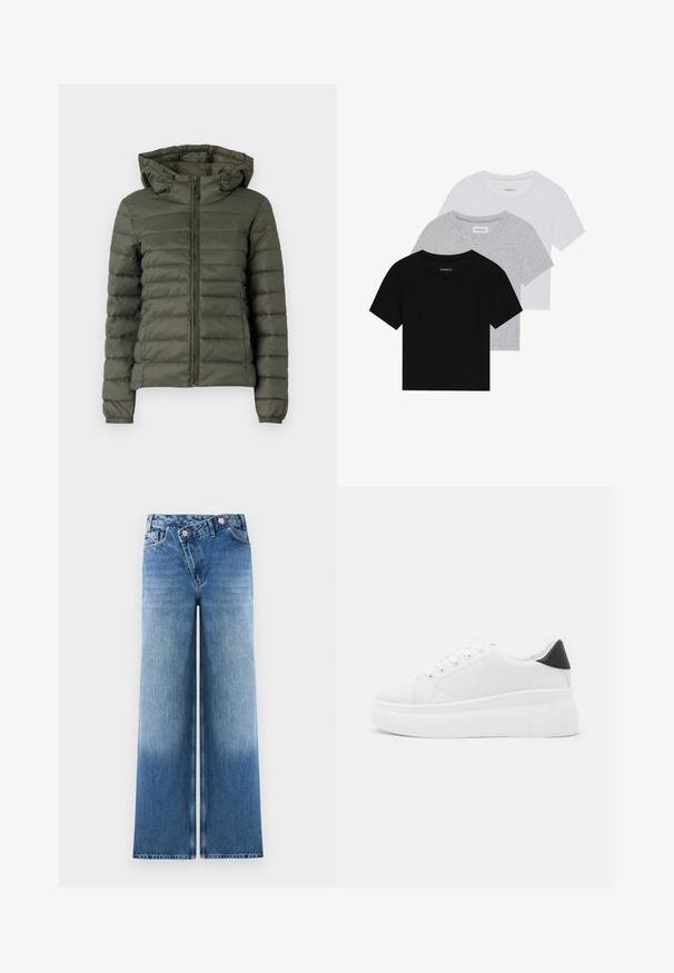 Maslinasto zeleni puffa jakna s prednjim patentnim zatvaračem, kapuljačom i elastičnim manžetama. Tkanina ima horizontalne kviltane sekcije za izolaciju.; Set od tri majice kratkih rukava u crnoj, sivoj i bijeloj boji. Izrađene od pamuka, s okruglim izrezom i jednostavnim, jednobojnim dizajnom.; Svijetloplave široke traperice s izblijedjelim pranjem, s klasičnim dizajnom pet džepova i metalnim gumbima kao akcentima na struku.; Bijele platforme tenisice napravljene od glatkog sintetičkog materijala, s okruglim vrhom, dizajnom s vezanjem i teksturiranom gumenom potplatom. Crni detalj na peti.