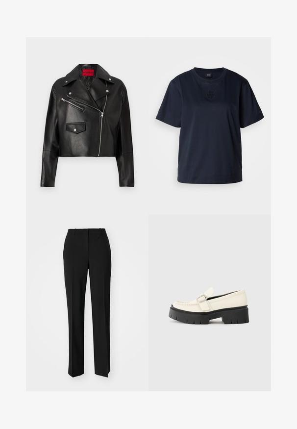 Black leather cropped jacket with wide lapels, asymmetric front zipper, and two zippered pockets, featuring a red logo tag inside.; Navy blue short-sleeve t-shirt made of soft cotton. Features a rounded neckline and a subtle embroidered logo on the chest.; Black tailored trousers with a straight-leg design, featuring a smooth texture and crisp creases along the front. No visible hardware.; White leather loafer with a chunky black platform sole, featuring a rectangular silver buckle and visible stitching detail on the upper.