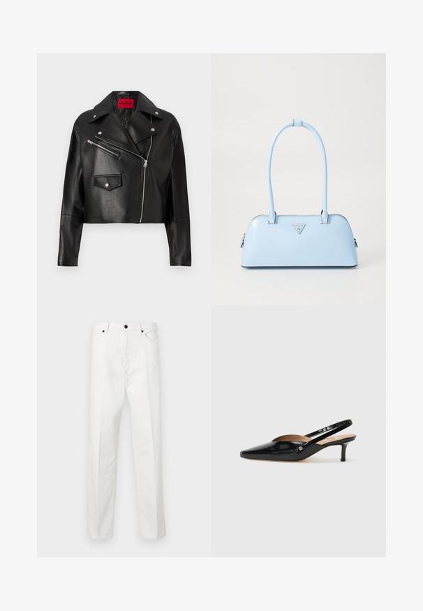 Juodas odinis trumpas švarkas su plačiais atlapais, asimetriniu priekiu užtrauktuku ir dviem užtrauktukais uždaromomis kišenėmis, viduje su raudona logotipo etikete.; Baltas trumpas marškinėliai, plačios trumpomis rankovėmis, minkšta medvilnė, apvali kaklo iškirptė su subtiliu oranžiniu apvadu, minimalus dizainas, be raštų ar grafikų.; Balti džinsai, tiesaus kirpimo, su mygtukų uždarymu ir dviem priekinėmis kišenėmis. Be matomų raštų ar papuošimų. Glotni tekstūra.; Juodas patentuotas odinis slingback batelis su smailiu nosimi, mažu kulniuku ir išpjovimais ant priekinės dalies. Auksinės spalvos detalės ant šono.; Šviesiai mėlyna rankinė su struktūriška forma, lygaus odos paviršiaus, dviem rankenomis ir trikampiu prekės ženklo logotipu priekyje. Užtraukiama uždanga.