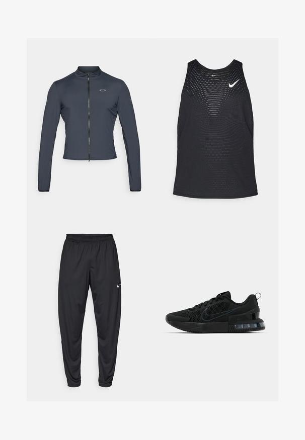 Oakley OFF GRID JACKET - Ulkoilutakki - blackout; Musta urheilullinen tank top, jossa on rei'itetty pinta ja pyöreä kaula-aukko. Rinnassa on valkoinen Nike-logo.; Mustat urheiluhousut, joissa on joustava vyötärö, kapenevat lahkeet ja pieni valkoinen Nike-logo vasemmassa reidessä. Tasainen kangas, ei kuvioita.; Musta Nike urheilukenkä, jossa on verkkomateriaali yläosa, kumipohja, pehmustettu nilkkaosa ja erottuva läpinäkyvä kantaaksentti.