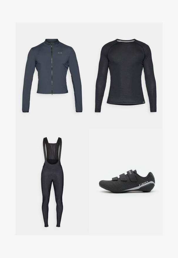 Oakley OFF GRID JACKET - Blouson - blackout; Tee-shirt de sport noir à manches longues en matériau texturé, avec un col rond et des accents en mesh au niveau du col, conçu pour un ajustement confortable facilitant les mouvements.; Cuissards de cyclisme noirs avec bretelles, dotés d'un panneau arrière en mesh et d'une zone rembourrée pour le confort pendant les trajets.; Giro STYLUS - Chaussures de cyclisme - black