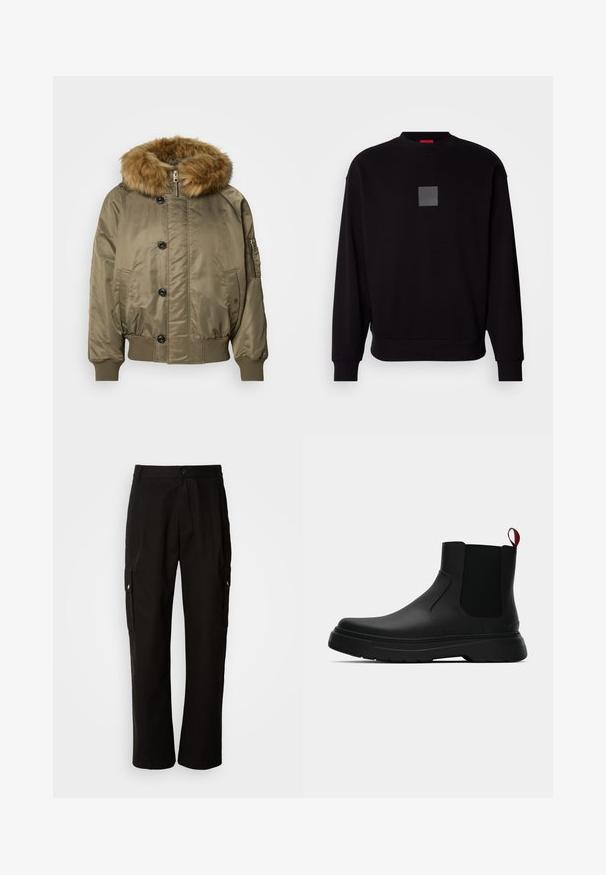 Oliivinvihreä pommitakki, jossa on ribbit käsivarret ja helma, etupainikkeet, vetoketju, sivutaskut ja iso irrotettava ruskea tekoturkishuppu.; Musta collegepaita pitkilla hihoilla, pyöreällä kaula-aukolla, edessä harmaa neliölogo, pehmeä rakenne sekä ribbaus hihansuissa ja helmassa.; Mustat cargo-housut puuvillasta, joissa on rento istuvuus, sivutaskut, nappikiinnitys ja suorat lahkeet. Yksinkertainen muotoilu ilman kuvioita.; Musta nilkkuri, jossa on sileä pinta, elastiset sivupaneelit ja erottuva punainen vetonauha, paksu kumipohja ja pyöristetty varvas.