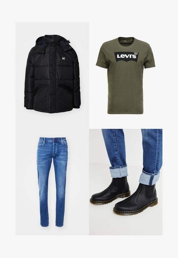 GAP HOODED HEAVYWEIGHT LOGO PUFFER - Χειμωνιάτικο μπουφάν - true black; Ελαιόλαδο πράσινη βαμβακερή μπλούζα με χαρακτηριστικό μεγάλο μαύρο λογότυπο Levi's στο μπροστινό μέρος. Κλασικό crewneck και κοντά μανίκια, λεία υφή.; Μπλε τζιν παντελόνι με ίσια εφαρμογή, πέντε τσέπες και ξεθωριασμένο φινίρισμα. Διαθέτει μπροστινό κούμπωμα και βρόχους ζώνης.; Μαύρες δερμάτινες μπότες Chelsea με ελαστικές πλευρές και υφή στην επιφάνεια. Διαθέτουν κίτρινη ραφή και διαφανή, χοντρή σόλα.