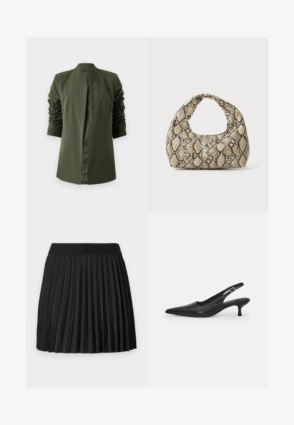 Pohjolan vihreä pitkä takki, jossa on jäsennelty muotoilu, shawl-kaulus ja kerrottu hihansuut lisäämään tekstuuria. Kiinnityksiä ei ole näkyvissä.; Musta paita, jossa on pitkät läpinäkyvät hihat, teksturoitu lehtikuvio, pyöreä pääntie ja pieni avoventtiili takana.; Mustat laskostetut hameet, joissa on sileä pinta, kiinteä musta vyötärö ja kohokuvioitu logo edessä.; Mustan nahkainen slingback-kengät, joissa on terävä nenä ja kapea, kaareva korko. Varustettu huomaamattomalla säädettävällä hihnalla, jossa on metallinen solki.; Käärmeennahkakuosiset käsilaukku, jossa on kaareva kahva. Tehty teksturoiduista beigeistä ja ruskeista materiaaleista, joissa on erottuva timanttikuvio.