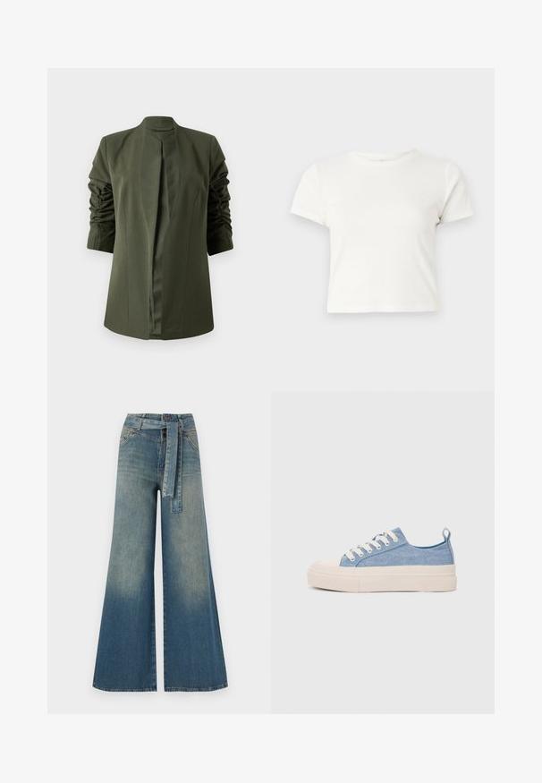 Alyvuogių žalios ilgos striukės struktūrinis dizainas, apipavidalintas šaliu ir su surinktomis rankovėmis, suteikiančiomis papildomą tekstūrą. Užsegimų nematyti.; Trumpa balta medvilnės marškinėliai su trumpomis rankovėmis, apvaliu kaklu ir tiesiu hemu, pasižyminti lygiu tekstūriu ir minimaliu dizainu.; Platus džinsinis kelnes su šviesiai tamsiai mėlynu gradientu, aukštu juosmeniu, diržo kilpomis ir atitinkančiu audinio diržu. Textūruotas džinsinis paviršius.; Šviesiai mėlyni drobės sportbačiai su kreminiu guminiu pirštų apsaugos ir pado elementu, balti raišteliai ir kilpa ant kulno.