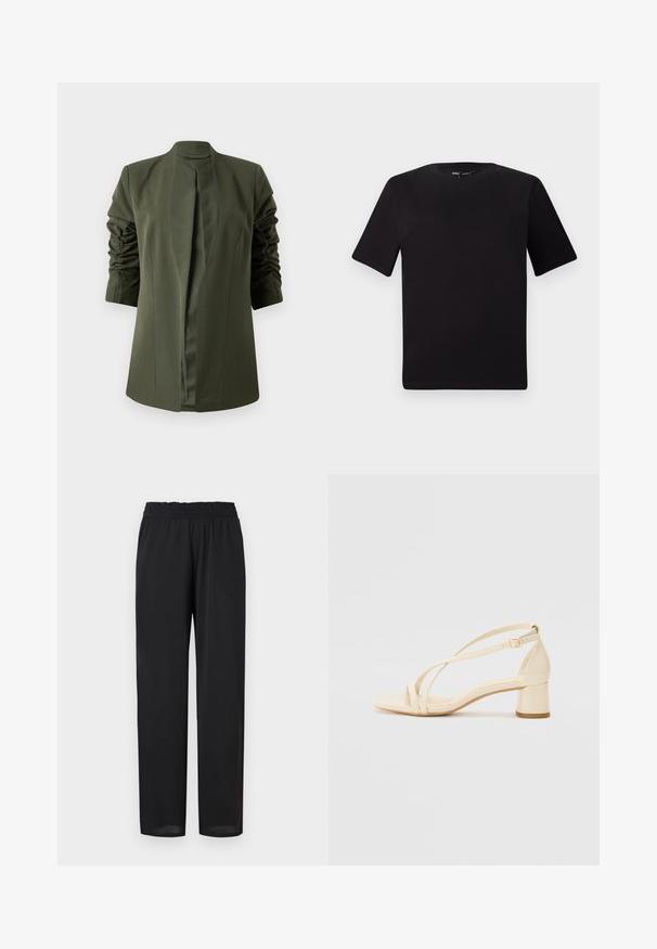 Olive green long jacket with a structured design, featuring a shawl collar and gathered sleeves for added texture. No fastenings visible.; Black short-sleeve t-shirt with a round neckline, crafted from soft cotton fabric. Simple design, no visible logos or patterns.; Black, lightweight pants with a relaxed fit, featuring an elastic waistband and smooth texture. Straight legs taper slightly at the hem.; Beige heeled sandals with a block heel, strappy design, and adjustable ankle strap, made of smooth synthetic material with a matte finish.
