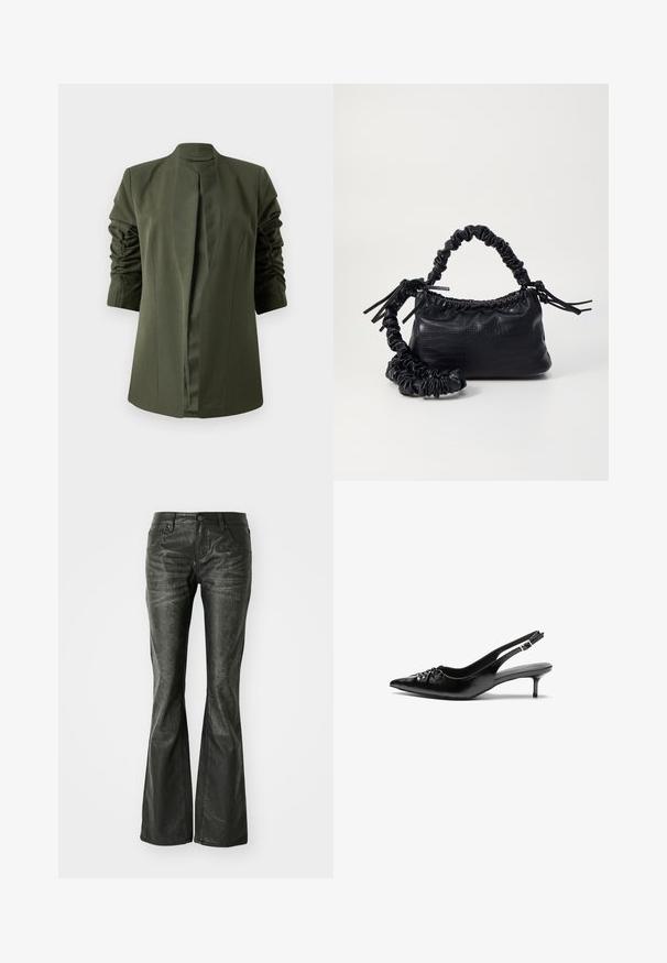 Olijfgroene lange jas met een gestructureerd ontwerp, voorzien van een sjaalkraag en geplooide mouwen voor extra textuur. Geen sluitingen zichtbaar.; Crop top van off-white gebreid materiaal. Lange mouwen met ribbeltextuur en kleine uitsnijdingen rond de halslijn.; Zwarte nepleer flared jeans met voorzakken, een metalen knoopsluiting en een licht gestructureerd oppervlak. Rechte pijpen met een lange snit.; Zwarte leren slingback hakken met een spitse neus, kleine kittenhak en een decoratieve knoopdetail aan de voorkant. Smooth textuur overal.; Zwarte nepleer handtas met een krokodillenstructuur, opgedroogde bovenkant en een gekreukte hengsel. Het lijkt zacht en compact van ontwerp.