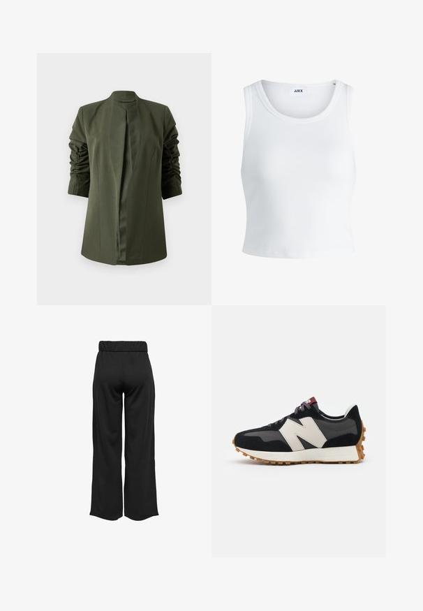 Casaco longo verde-oliva com um design estruturado, apresentando um colarinho de xale e mangas franzidas para adicionar textura. Sem fechos visíveis.; Top curto branco com nervuras, apresentando um decote redondo, design sem mangas e um comprimento cropped. Rótulo lê "JJXX." Textura de tecido suave.; Calças largas e pretas com uma cinta elástica, feitas de um tecido suave. Apresentam um design limpo, sem bolsos ou detalhes de costura visíveis.; Sneaker em camurça preta e cinza com um grande logótipo "N" creme, cordões roxos e uma sola de borracha texturizada em cor de goma.