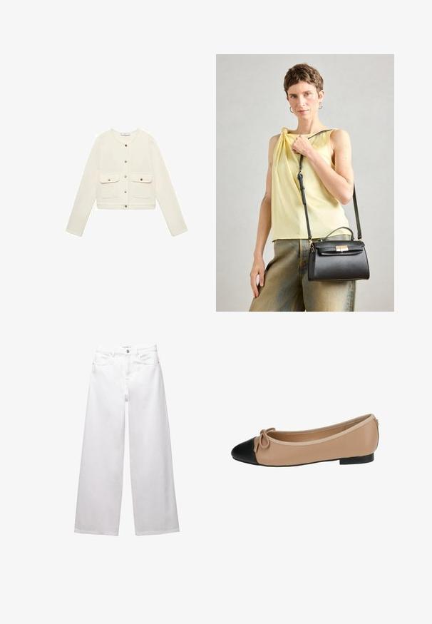 Cremfarbener, verkürzter Blazer mit langen Ärmeln, Frontknopfverschluss und zwei Brusttaschen mit goldenen Verschlüssen. Glatte Stofftextur.; Gestreifter Pullover mit einem schwarz-weißen Muster, aus strukturiertem Stoff, mit langen Ärmeln und einem runden Halsausschnitt.; Weiße weit geschnittene Jeans aus Denim. Mit Knopfverschluss, Vorder- und Gesäßtaschen sowie gesteppten Nähten. Glatte Textur mit minimalen Details.; Ballettflats aus beigem Leder mit einer schwarzen Kappe. Mit einer vorderen Schleifenverzierung und einer glatten Textur. Niedriges Profil mit einer Gummisohle.; Schwarze Lederhandtasche mit strukturiertem Design, obenem Griff und verstellbarem Riemen. Glatte Textur und ein Verschlussdetail aus goldfarbener Hardware.