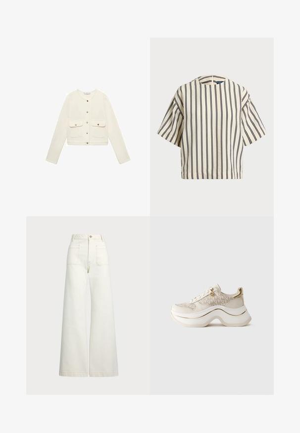 Kermansikka värinen lyhyt takki pitkillä hihoilla, edessä nappikiinnitys ja kaksi rintataskua kultaisilla kiinnityksillä. Silkkinen kangas.; Lyhythihainen, raidallinen paita kirkas- ja tummansinisen sävyissä, jossa on pyöreä pääntie ja laatikkomainen muotoilu tekstuuritetussa kankaassa.; Reisitaskuhousut vaaleanvalkoisesta denimestä. Korkea vyötärö, napitus, kaksi etutaskua ja kontrastiväriset ompeleet.; Beige ja kullakarva platvormikeed, millel on "MK" muster, nöörimist edela ees, kullakarvane võlu ja paks laineline tald, mille taustal on tavaline taust.