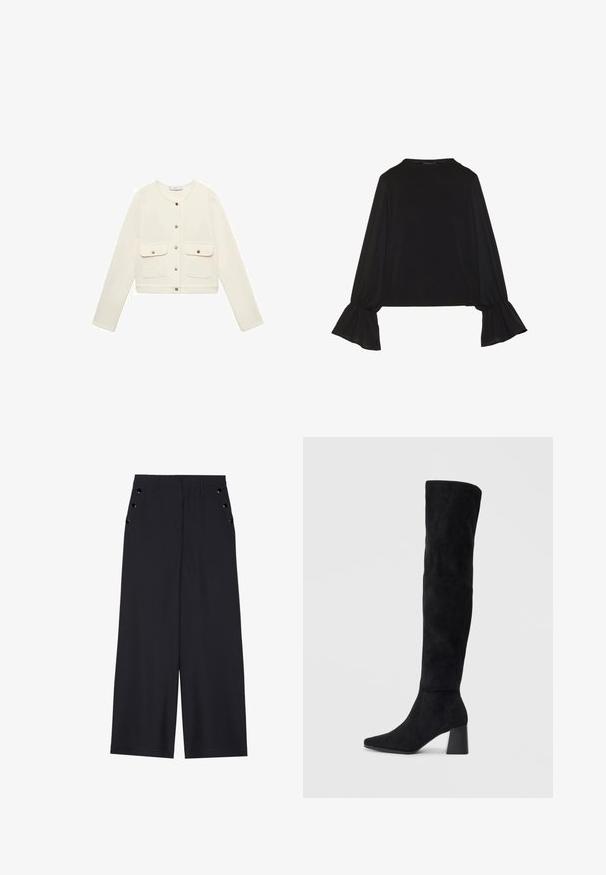 Cremfarbener, verkürzter Blazer mit langen Ärmeln, Frontknopfverschluss und zwei Brusttaschen mit goldenen Verschlüssen. Glatte Stofftextur.; Schwarz langärmliges Oberteil mit ausgestellt geschnittenen Bündchen, weicher Textur und entspannter Passform, mit einem schlichten runden Halsausschnitt.; Weite Hosen aus dunkelblauem Stoff mit einer glatten Textur, Vorderfalten und dekorativen goldfarbenen Ösen an den Seitentaschen.; Schwarze Wildleder-Stiefel bis zum Knie mit Blockabsatz, spitzer Zehe und glattem, nahtlosem Design auf einem schlichten, hellen Hintergrund.