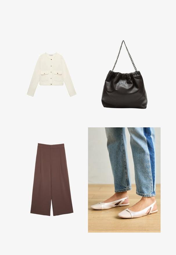 Giacca cropped color crema con maniche lunghe, chiusura frontale a bottoni e due tasche sul petto con chiusura dorata. Tessuto di superficie liscia.; Maglietta a maniche corte marrone realizzata in tessuto morbido, con scollatura rotonda e vestibilità rilassata. Nessun motivo o dettaglio visibile.; Pantaloni ampi marroni con una texture liscia, caratterizzati da una vita alta e pieghe frontali. Il tessuto è leggero e scorre liberamente.; Ballerine slingback rosa pallido con punta affusolata, realizzate in un materiale simile alla pelle liscio. Presentano dettagli a taglio sui lati e un tacco piatto.; Borsa in pelle marrone con parte superiore arricciata e tracolla a catena. Texture liscia con finitura lucida e dettagli di cucitura sottili sui lati.