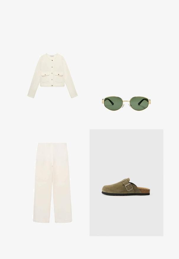 Cream-colored cropped jacket with long sleeves, front button closure, and two chest pockets with gold fastening. Smooth fabric texture.; Short-sleeve, cropped t-shirt in off-white. Made of soft fabric with a rounded neckline and relaxed fit. No visible patterns or hardware details.; Wide-leg trousers in cream fabric. Smooth texture with an elastic waistband. No visible seams or hardware. Simple, minimalist design.; Olive green suede clog with adjustable strap and square buckle, cork footbed, and black rubber sole. Rounded toe design.; Gold metal-framed sunglasses with green tinted lenses, oval shape, black temples, and clear nose pads. Clean, minimalist design.; Black leather handbag with a gold hardware accent, featuring a signature clasp, a detachable shoulder strap, and textured surface.