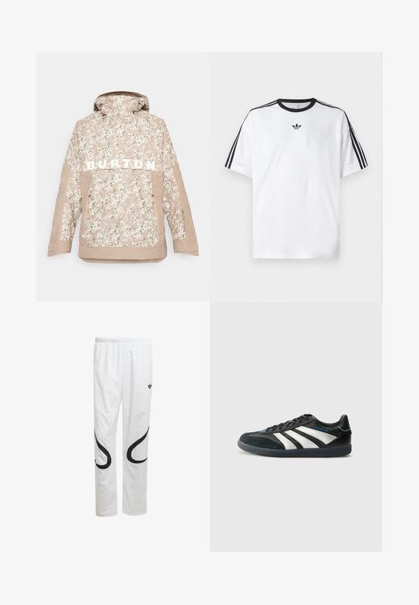 Beige Camouflage-Jacke mit Kapuze, mit "BURTON" in fetten weißen Buchstaben, mit Reißverschlusstasche vorne und strukturiertem Stoff für den Outdoor-Einsatz.; Weißes T-Shirt aus Baumwolle mit einem schwarzen, runden Halsausschnitt und drei schwarzen Streifen auf jeder Schulter. Kleines schwarzes Logo auf der Brust.; Weiße Sporthose mit glatter Textur, die schwarze geschwungene Designs an den Seiten und ein schwarzes Logo in der Nähe des Bundes aufweist.; adidas Performance PREDATOR FREESTYLE JUDE INDOOR FOOTBALL SHOES - Indoor-Fußballschuhe - core black/silver-coloured/glory blue