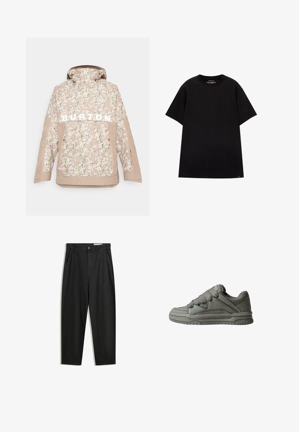 Beige camouflage jacket with a hood, featuring "BURTON" in bold white letters, front zip pocket, and textured fabric for outdoor use.; PULL&BEAR JOIN LIFE - Basic T-shirt - black; Black cotton trousers with a relaxed fit, featuring a classic waistband, front pleats, and side pockets. Smooth texture without patterns.; Gray athletic shoe with textured leather and mesh upper, thick rubber sole, and prominent padded tongue and sides. Laces and side accents included.