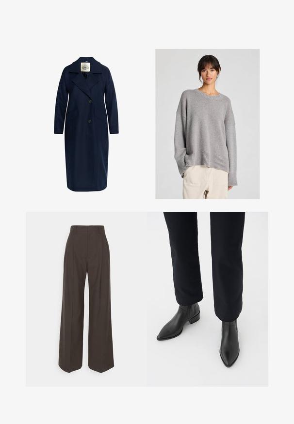 Palton din amestec de lână bleumarin, cu rever înclinat, închidere dublă, două buzunare laterale și mâneci lungi, având o textură netedă.; Pulover gri tricotat, cu o croială lejeră, decolteu rotund, manșete și tiv ribbat. Textură moale cu un model de tricotare subtil. Asortat cu pantaloni deschiși.; Pantaloni largi de culoare maro închis, cu talie înaltă, prezentând pliante bine călcate, textură fină și o croială adaptată.; Bocanci din piele neagră, până la gleznă, cu vârf ascuțit, toc pătrat și panouri laterale texturate, purtați cu pantaloni închiși la culoare, pe un fundal alb.