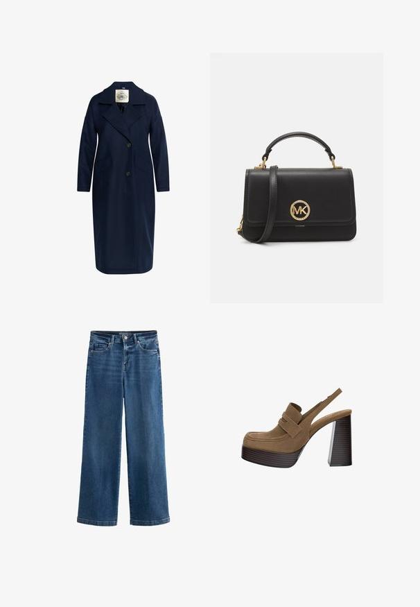 Meriino villasta valmistettu tummansininen takki, jossa on napitettu kaulus, kaksinkertainen etuosan napitus, kaksi sivutaskua ja pitkät hihat, sekä sileä pinta.; Valkoinen pitkähihainen nappipaita, joka on valmistettu sileästä kankaasta. Paidassa on klassinen kaulus, kaksi etutaskua ja kootut hihansuut.; Siniset leveälahkeiset farkut, joissa on korkea vyötärö, viisi taskua, hienovaraiset kulutukset, nappikiinnitys ja kontrastivärinen ommeltu. ; Ruske nubuk platformskih štikli s debelim, rebrastim blok petom i širokom trakicom preko gornjeg dela, s okruglim oblikom nožnog prsta.; Mustaa nahkabagia, jossa on rakenteellinen muotoilu, kultainen pyöreä logo, yläpääkahva ja irrotettava olkahihna.