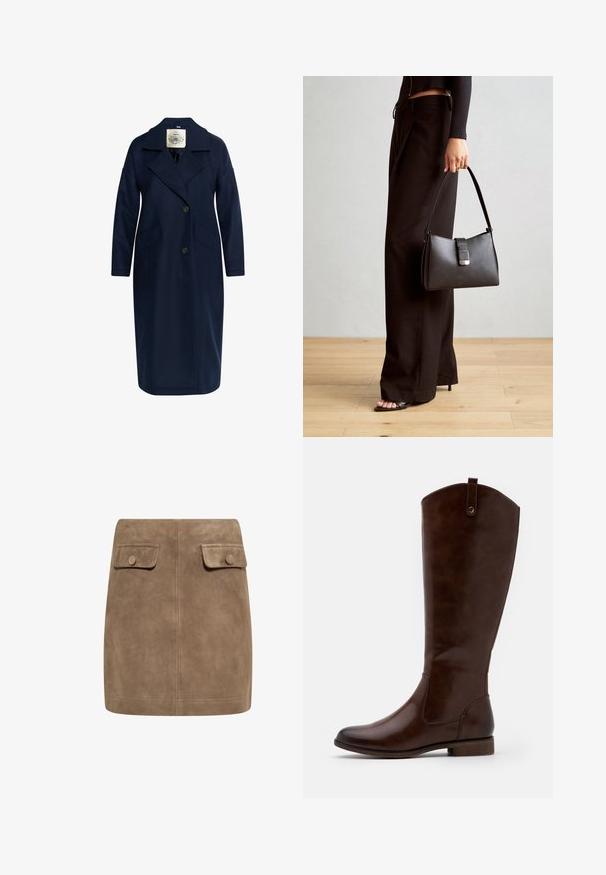 Jūrinio stiliaus vilnos mišinio paltas su iškirpte, dvigubu užtrauktuku priekyje, dviem šoninėmis kišenėmis ir ilgomis rankovėmis, pasižymintis lygiu paviršiumi.; Ruda ilga rankovė viršutinė dalis su plačiu iškirpimu ir mazgo detale vienoje pusėje, pagaminta iš minkštos, tekstūruotos medžiagos.; Ruda zomšinė mini sijonas su lygiu paviršiumi, turintis dvi priekinės kišenes su atverčiamais dangteliais ir mygtukų užsegimus kiekvienoje pusėje. Paprasta, tiesi konstrukcija.; Rudi iki iki iki tamsiai rudos odos, su apvaliu kojų pirštu, žemu storžieviu kulnu ir subtilia siūlų rašto linija šonuose.; Juodas rankinė struktūrizuota forma, lygi tekstūra ir metalinis užsegimas. Suporuota su plačiomis juodomis kelnėmis ir atvirais bateliais ant medinių grindų.