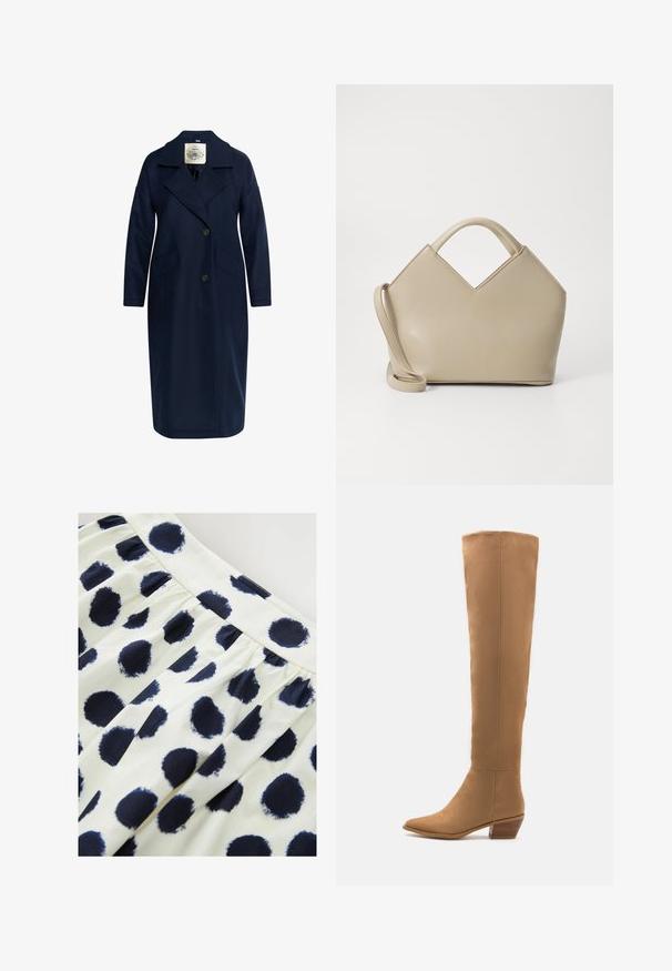 Marineblauwe wollen blendjas met een geknipt kraag, dubbel gestreepte voorkant, twee zijzakken en lange mouwen, met een gladde textuur.; Lange mouw crew t-shirt in effen lichtblauwe katoen. Bevat een ronde halslijn en eenvoudige stiksels. Etiket luidt "NEXT," maat S.; Witte stoffen rok met marineblauwe ronde stippen. De rok heeft een gathered taille en een gladde textuur.; Kniehoge tankleurige laarzen gemaakt van een glad materiaal met een puntige neus en een lage gestapelde hak. Eenvoudig ontwerp, geen zichtbare patronen of accenten.; Beige gestructureerde handtas met een V-vormige bovenkant, van glad leder, korte handvatten en een lange verstelbare schouderriem. Minimalistisch ontwerp.