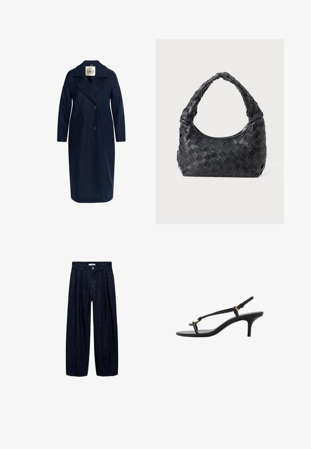 Námořnický kabát z vlněné směsi s klopovým límečkem, dvouřadým zapínáním, dvěma bočními kapsami a dlouhými rukávy, s hladkou texturou.; Bílý tričko vyrobené z měkké, lehké tkaniny. Má kulatý výstřih a krátké, široké rukávy s uvolněným střihem. Bez viditelných vzorů.; Tmavě modré rozšířené kalhoty z denimu s přehyby v pase, vybavené předním knoflíkem a poutky na opasek. Hladká textura a design v plné délce.; Černé kožené sandály na kotníkovém podpatku s tenkými pásky, zlatou sponou a minimalistickým provlečením na prstech na bílém pozadí.; Černá kožená tkaná taška přes rameno s zaoblenou rukojetí a měsíčkovým tvarem na jednobarevném pozadí.